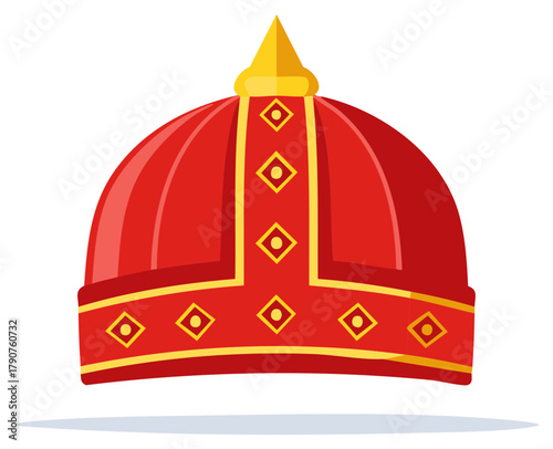 Vibrant Red and Gold Traditional Ceremonial Hat with Ornate Patterns and Golden Spire Illustration