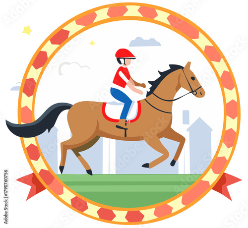 Vibrant flat design illustration of a jockey riding a racehorse in an athletic competition emblem