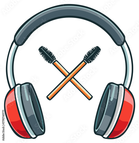 Cartoon Headphones with Crossed Mascara Wands a Beauty Podcast or ASMR Concept Logo