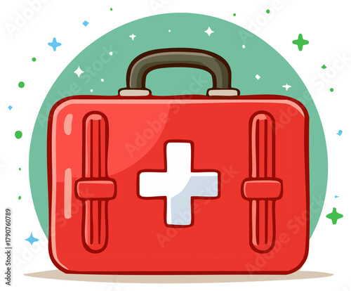 Cartoon Style Red First Aid Kit Illustration with Handle and White Cross Symbol