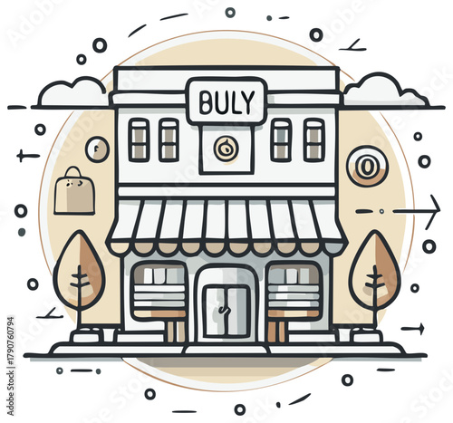 Charming local shop illustration in a modern doodle style with a striped awning and commerce icons