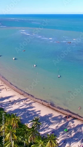 Arraial Dajuda Beach At Porto Seguro Bahia Brazil. Stunning Tropical Coastline Beach Scene Viewed From Above. Shore Horizon Beach Sea. Shore Seaside Panning Wide. Porto Seguro Bahia.