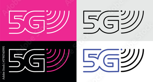 5G (fifth generation mobile communications) icon. Symbol for communication or data transfer. Modern equipment, signal from a communication tower. Attributes of the internet or mobile communications.
