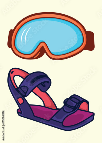 Vector Graphic of Snowboard Bindings and Goggles For Winter Sport Equipment