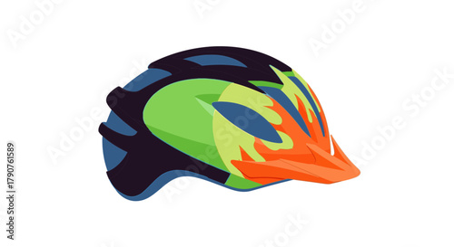 A colorful cycling helmet with a visor is shown against a white background.