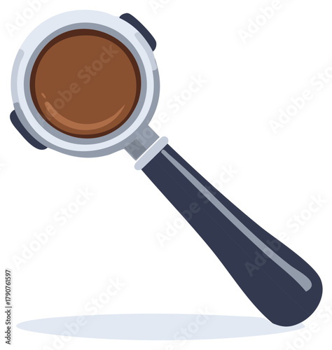 Espresso machine portafilter with fresh ground coffee inside for brewing preparation flat vector illustration