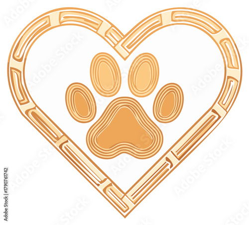 Decorative heart framing paw print illustration of love for pets and animals