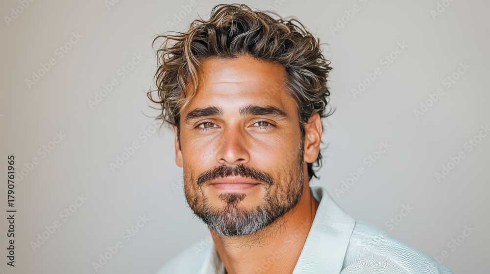 Obraz premium Handsome man with curly hair and beard, wearing a light shirt, poses confidently against a neutral background, showcasing a relaxed and approachable demeanor in a portrait setting