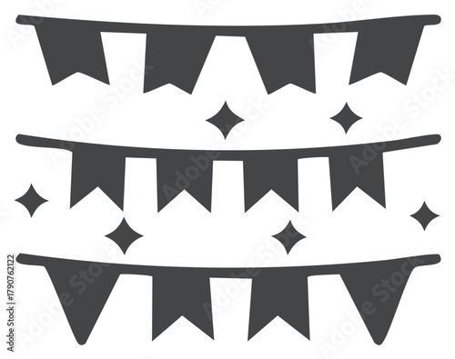 Three rows of festive party pennant banners with sparkling stars icon