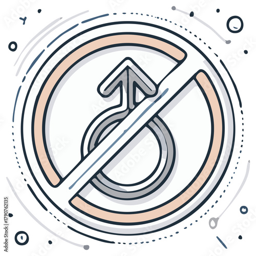 Stylized no male symbol with diagonal line across gender icon and decorative circular elements