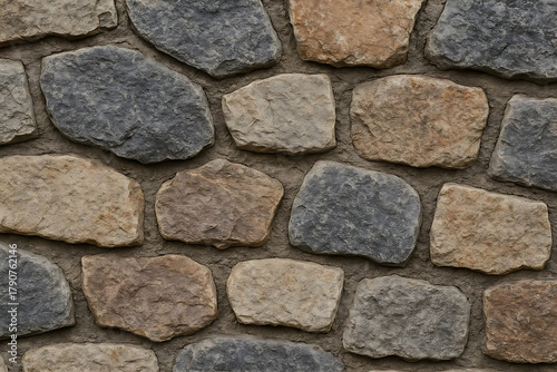 Close up of a stone wall with various colors and textures of stones