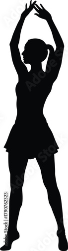Ballet silhouette, graceful dancer, raised arms, tiptoe pose, black illustration, expressive movement, skirt figure, elegant posture, minimal design, artistic gesture