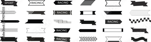 Diverse vector collection of black and white banners, stylish ribbons, and dynamic racing flag elements for modern design uses