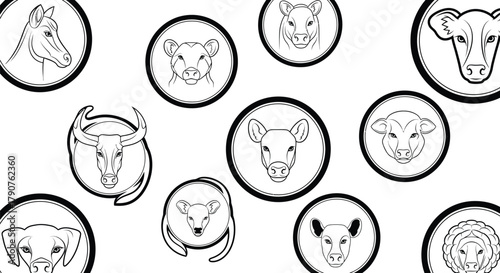 A collection of stylized animal heads are displayed in circular frames on a white background.