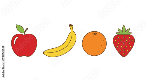 A red apple, yellow banana, orange, and red strawberry are lined up on a white background.