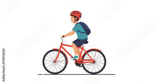 Young man joyfully cycling with backpack and helmet, perfect for active lifestyle, fitness, or commuting concepts originally designed as a vector graphic