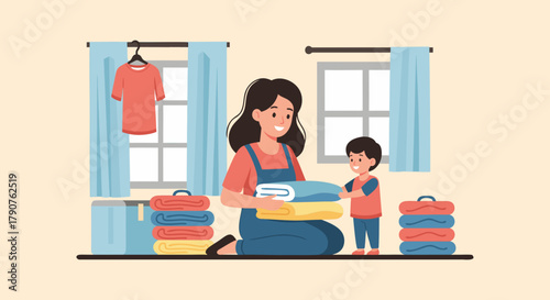Caring mom and son folding laundry at home creates a cozy and happy scene, perfect for family blogs, parenting resources, and home organization ideas