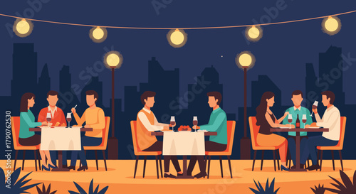 Enjoying a romantic dinner with friends in the city under the stars and string lights creates a warm, inviting ambiance perfect for lifestyle concepts