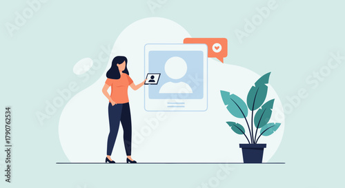 Stylish woman promoting social media profile with tablet, showcasing online presence and connection, ideal for marketing and digital strategy visuals