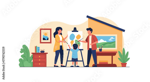Delightful family art time showcasing creativity and connection, perfect for heartwarming family moments and artistic promotions, originally scalable vector
