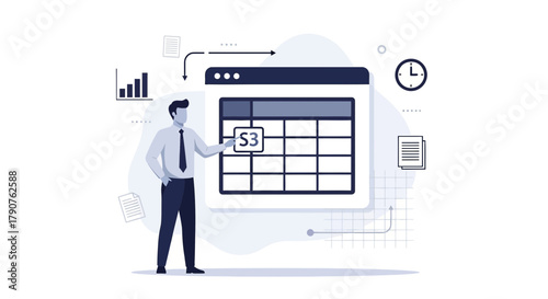 Business professional interacting with an organized data management interface solution