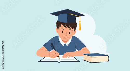 Dedicated student in graduation cap studies intently, capturing knowledge and achievement, perfect for educational materials and celebrating academic success