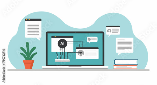 Dynamic AI learning concept on a modern laptop, showcasing advanced technology and data processing with plant and books for a professional workspace feel