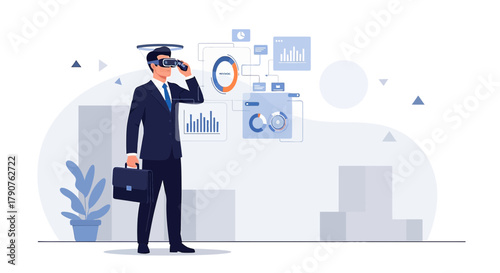 Businessman in Virtual Reality: Analyzing Data and Charts in Immersive Environment