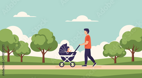 Fatherhood bliss as dad joyfully strolls baby in buggy through park, embracing precious family moments and outdoor adventures under a sunny sky, stylized vector