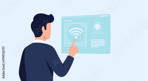 Man tapping WiFi icon on virtual screen, connecting to network, accessing cloud, modern technology interface, digital transformation, seamless connectivity