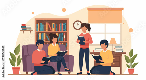Engaging reading group enjoying books in cozy living room, perfect for promoting literature, education, and intellectual pursuits in a relaxed setting