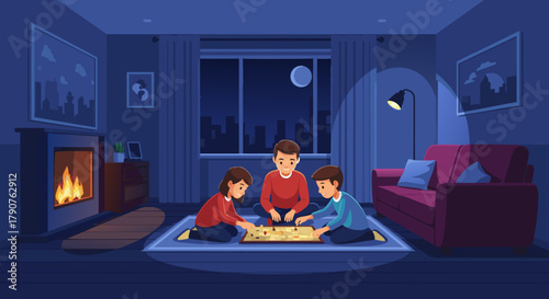 Cozy family night playing board game together by warm fireplace, creating special memories and moments filled with love and togetherness in a comfy home