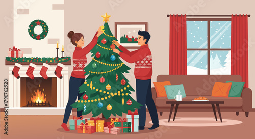 Couple decorating Christmas tree together in cozy home, enjoying festive holiday spirit, creating lasting memories with love and laughter during winter season