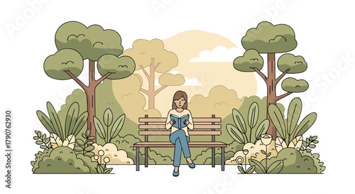 Relaxing afternoon escape Woman reading book on park bench surrounded by lush trees and foliage, a serene scene for peaceful moments of outdoor leisure