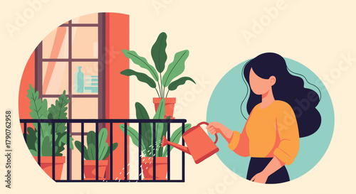 Woman tending to her vibrant balcony garden with love, watering potted plants in her urban oasis, bringing nature to city living, relaxed lifestyle