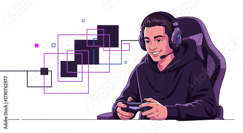 Cartoon gamer playing video games online wearing headset, enjoying interactive entertainment