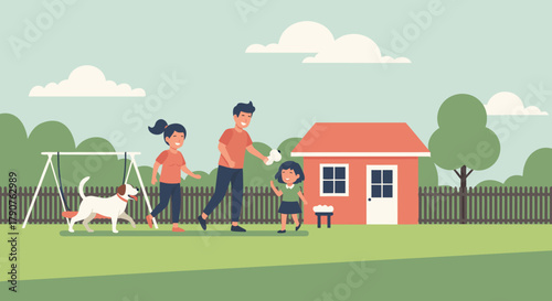 Happy family plays fetch with dog in sunny backyard, enjoying quality time together near home, promoting family values and outdoor fun in neighborhood