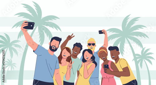 Happy diverse friends taking vibrant tropical selfie, a youthful group enjoying a sunny vacation moment, perfect for travel, friendship, and summer vibes