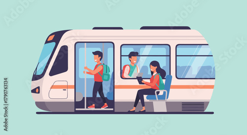 Modern public transit scene with commuters riding the train, traveling, working, and connecting in a clean and efficient mass transit system, originally vector graphics