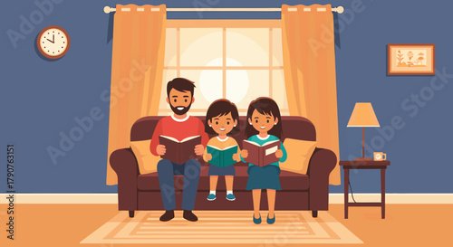 Enjoying quality time with my daughters reading books together in the living room, a heartwarming family moment filled with love and learning in our happy home