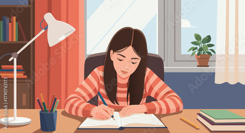 Focused young woman studying at her desk, writing in a notebook, bathed in soft light from the window, perfect for education and lifestyle content