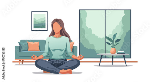 Find Inner Peace: Serene woman practices mindfulness meditation in her tranquil living room, promoting wellness and stress reduction through mindful lifestyle
