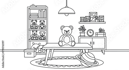 Coloring page of playroom with teddy bears and planet toy lineart