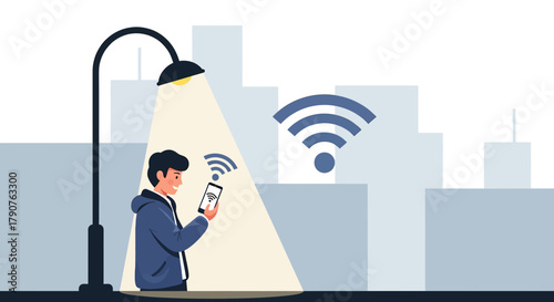 Connected in the City: Man Using Wi-Fi on His Phone Under Streetlight at Night