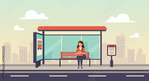Stylish woman enjoying coffee while waiting at modern city bus stop, perfect for urban lifestyle blogs, transit ads, or commuter stories