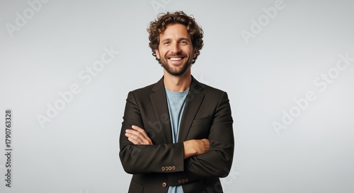A smiling man stands with arms crossed wearing a dark blazer over a casual shirt. Perfect for business profiles, corporate websites, marketing materials, or professional presentations.