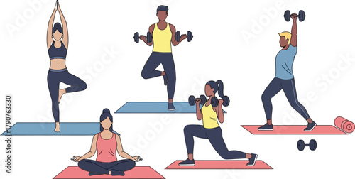 Diverse individuals engage in various fitness activities like yoga and weightlifting.