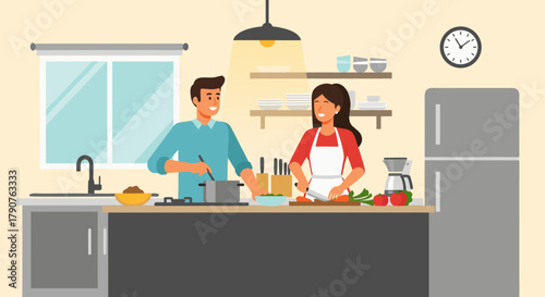 Couple cooking together with joy in their modern kitchen, preparing a fresh, healthy meal with love and laughter, promoting togetherness and healthy eating