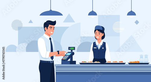 Contactless payment concept in a cafeteria or restaurant, businessman using payment terminal for