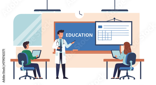 Engaging medical education session with doctor and students, fostering collaboration and learning in a modern, professional setting for healthcare insights